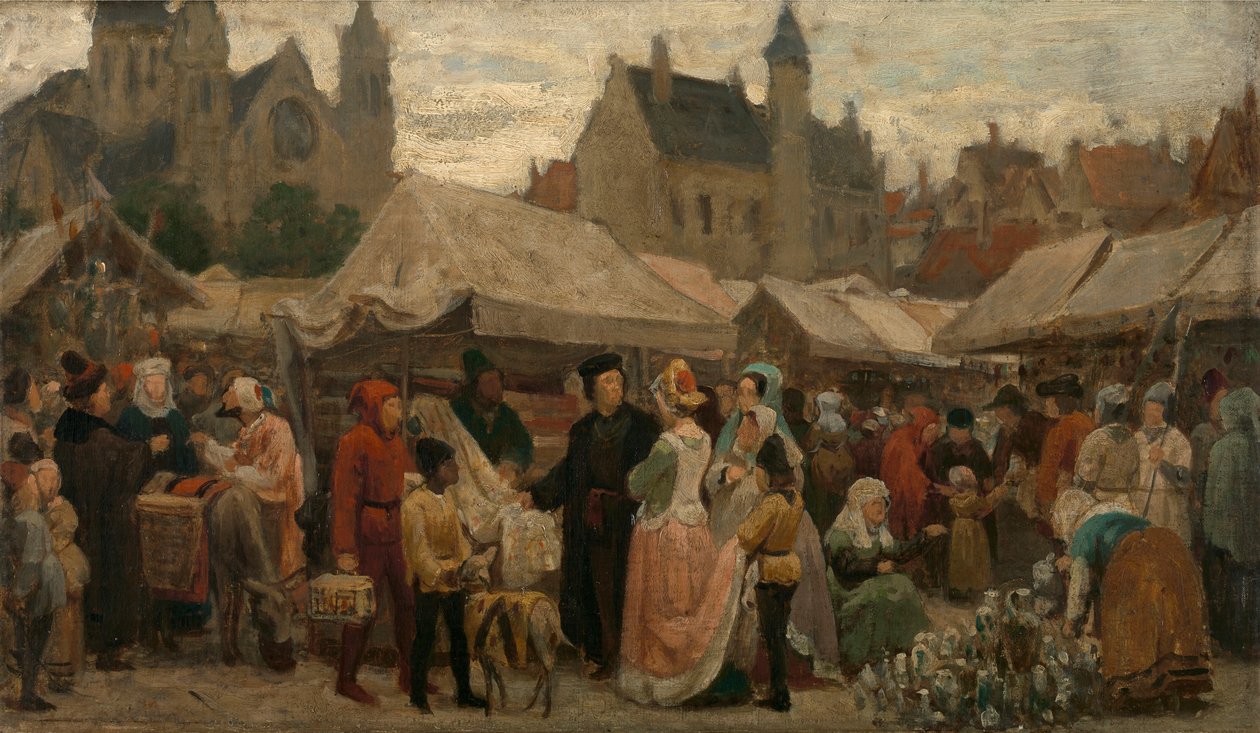 Een middeleeuwse kermis in Gent, studie, ca.1862 (olieverf op doek) door Felix de Vigne