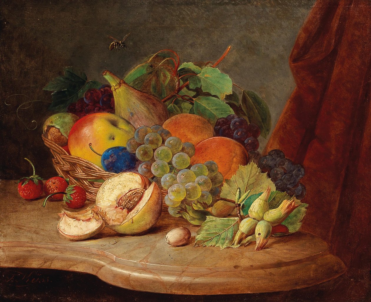 Stilleven met mand fruit en bij door Ferdinand Kuss