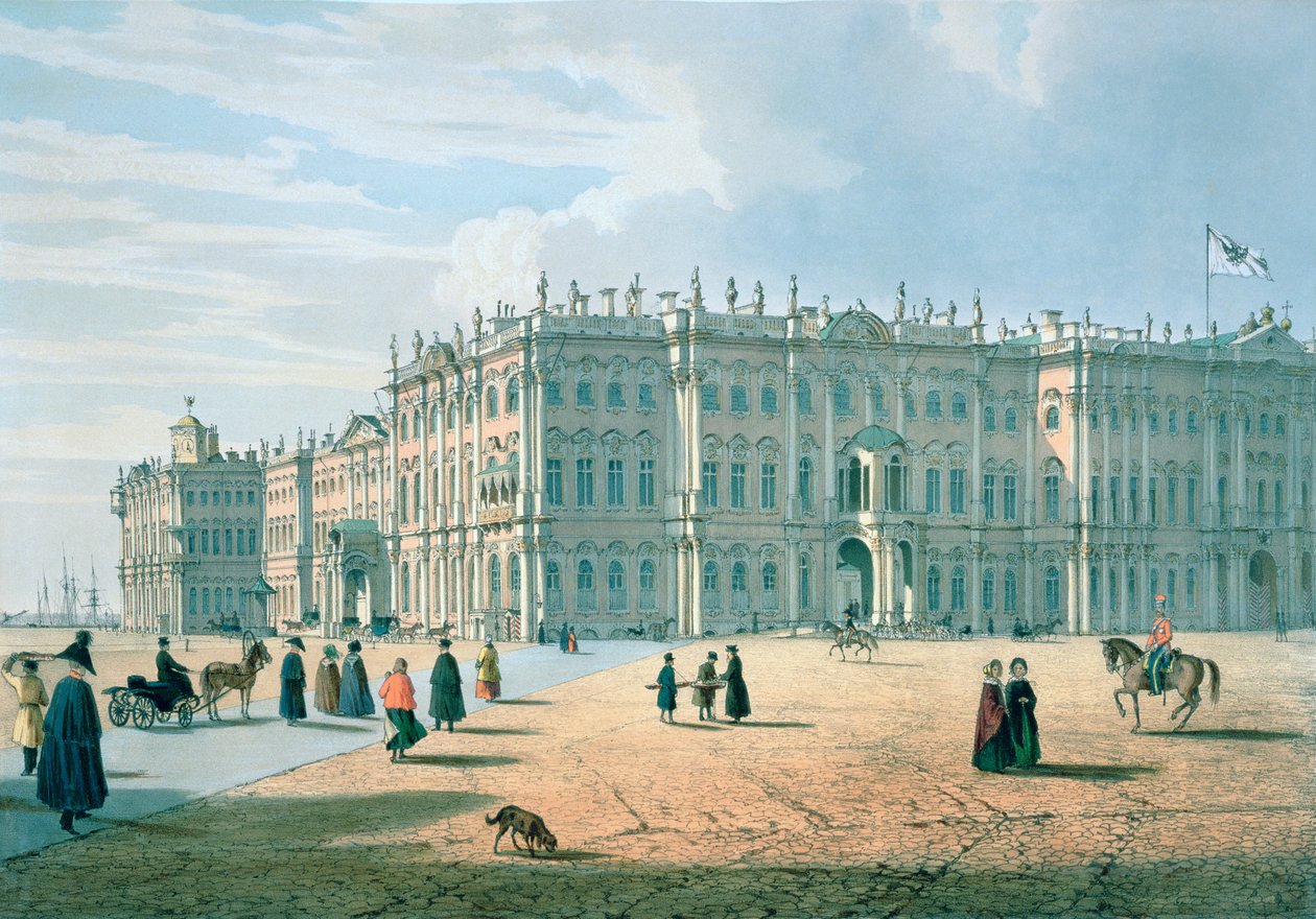 Het Winterpaleis gezien vanaf Palace Passage, St. Petersburg, ca. 1840 door Ferdinand Victor Perrot