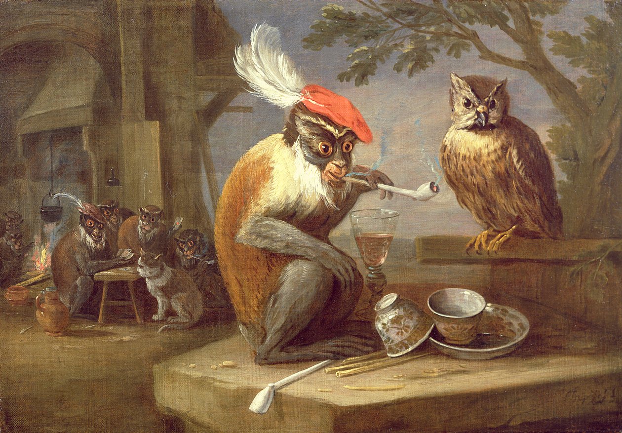 Een aap die rookt en drinkt met een uil door Ferdinand van Kessel