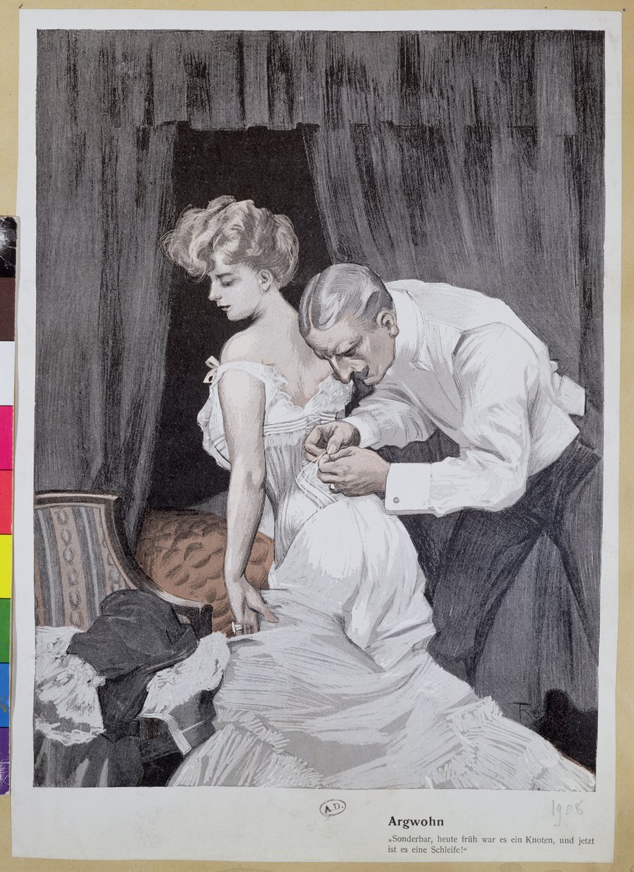 Achterdochtige echtgenoot observeert de verandering in het strikken van het korset van zijn vrouw, 1909 door Ferdinand von Reznicek