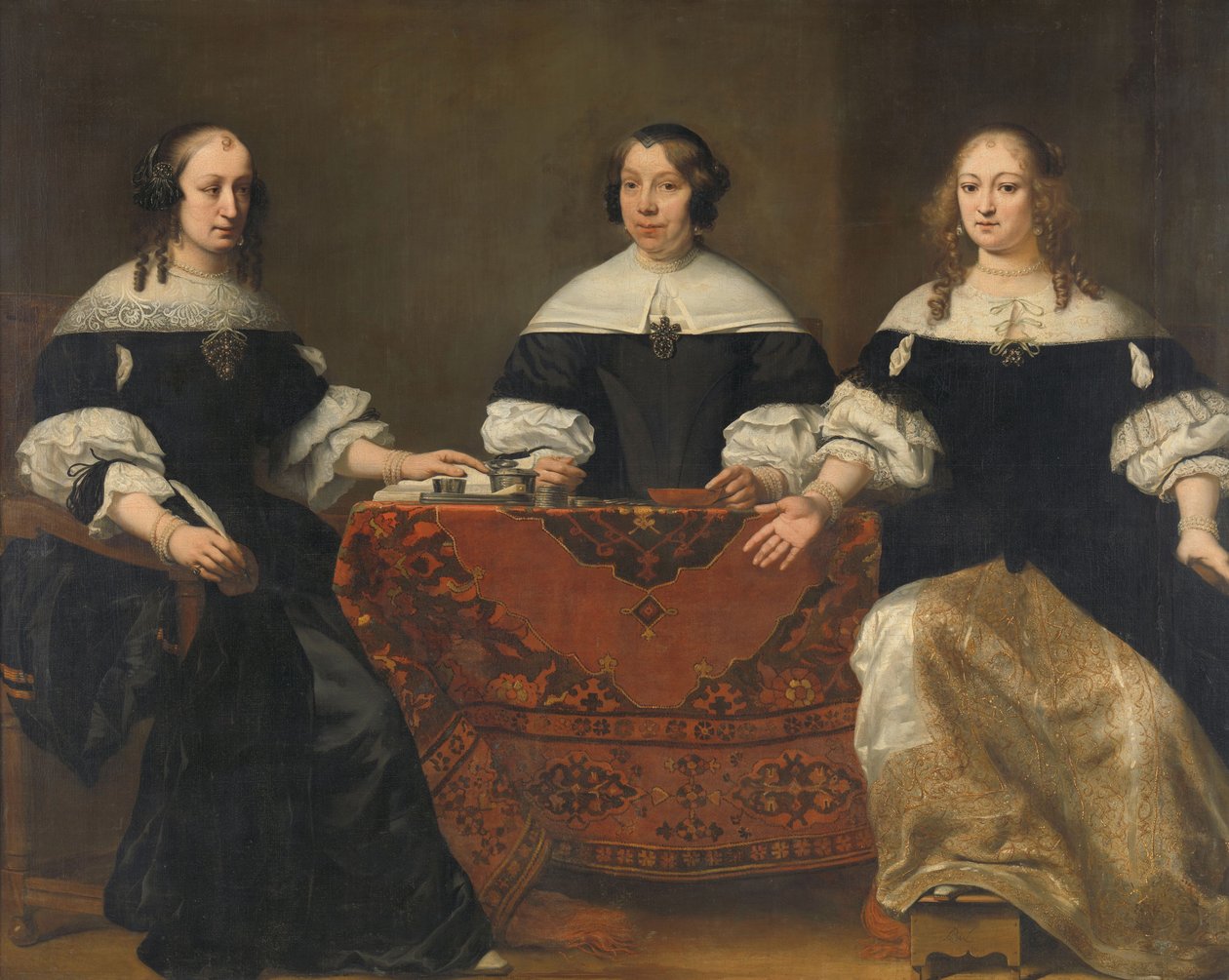 Portret van de Drie Regentessen van het Leprozenhuis, Amsterdam, ca. 1668 door Ferdinand Bol