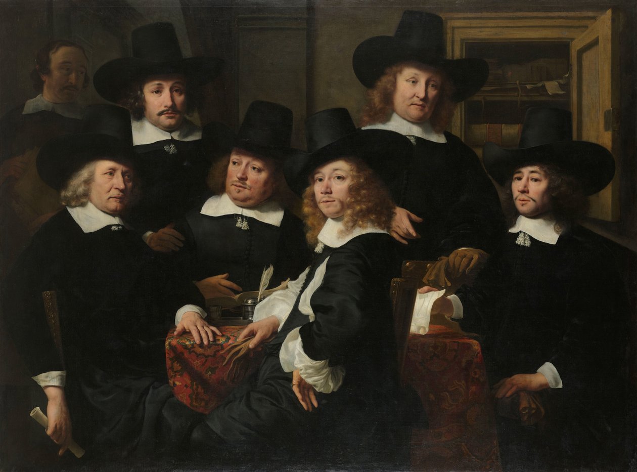 Zes regenten en de koster van het Nieuw Zijds Instituut voor de Buitensteun van de Armen, Amsterdam, 1657 door Ferdinand Bol