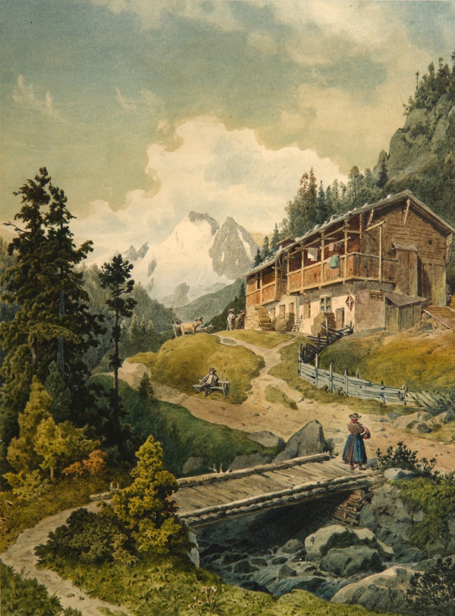 Alpenlandschap met een brug door Ferdinand Gatt