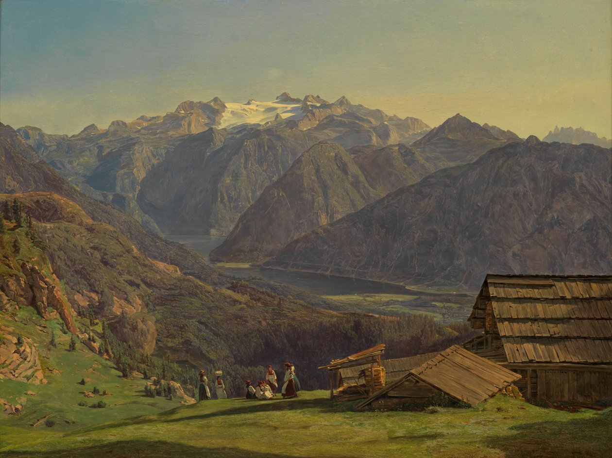 Uitzicht op de Dachstein met het Hallstättersee vanaf de Hütteneckalpe bij Ischl door Ferdinand Georg Waldmüller
