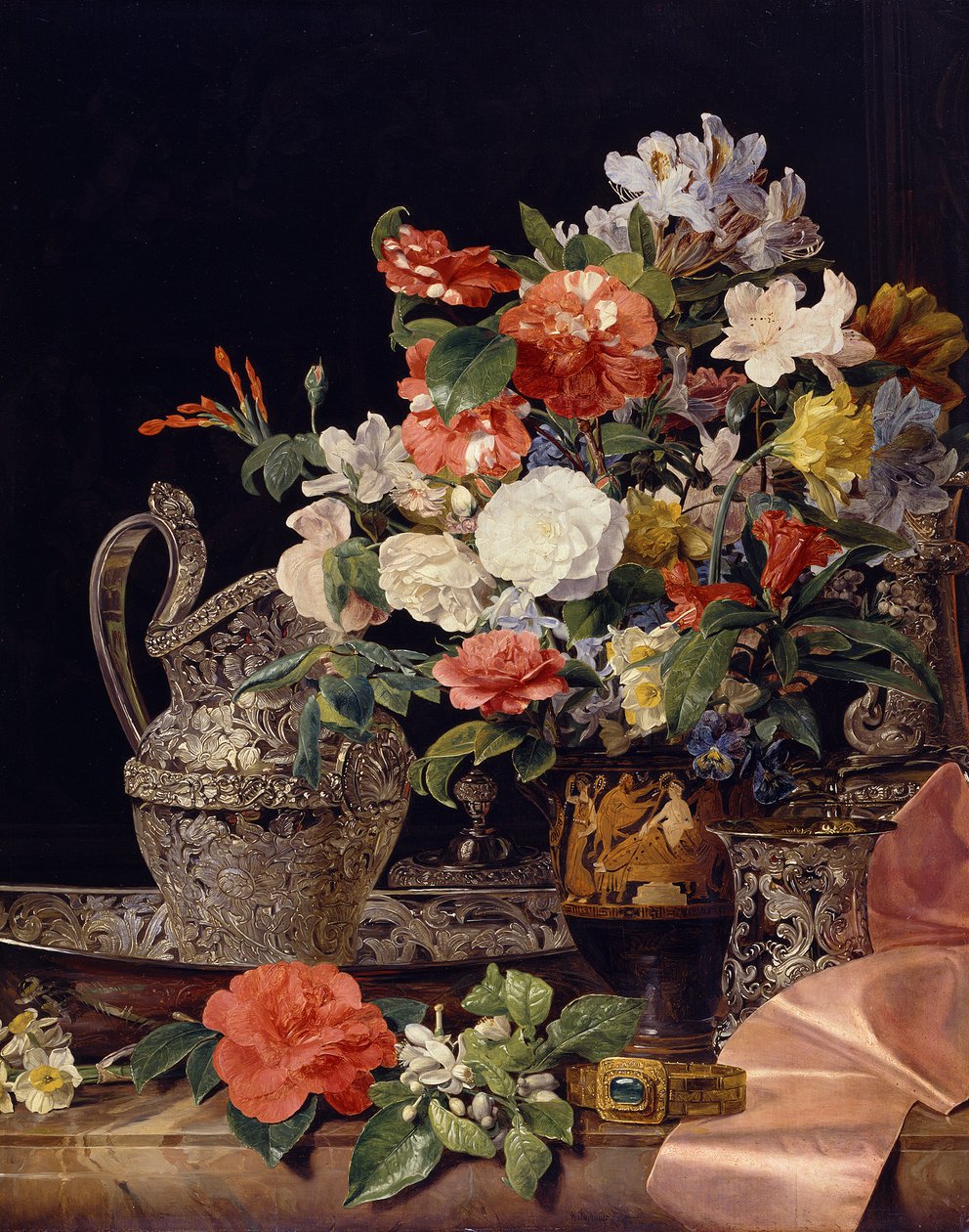 Boeket bloemen met zilveren vaten en een antieke vaas door Ferdinand Georg Waldmüller