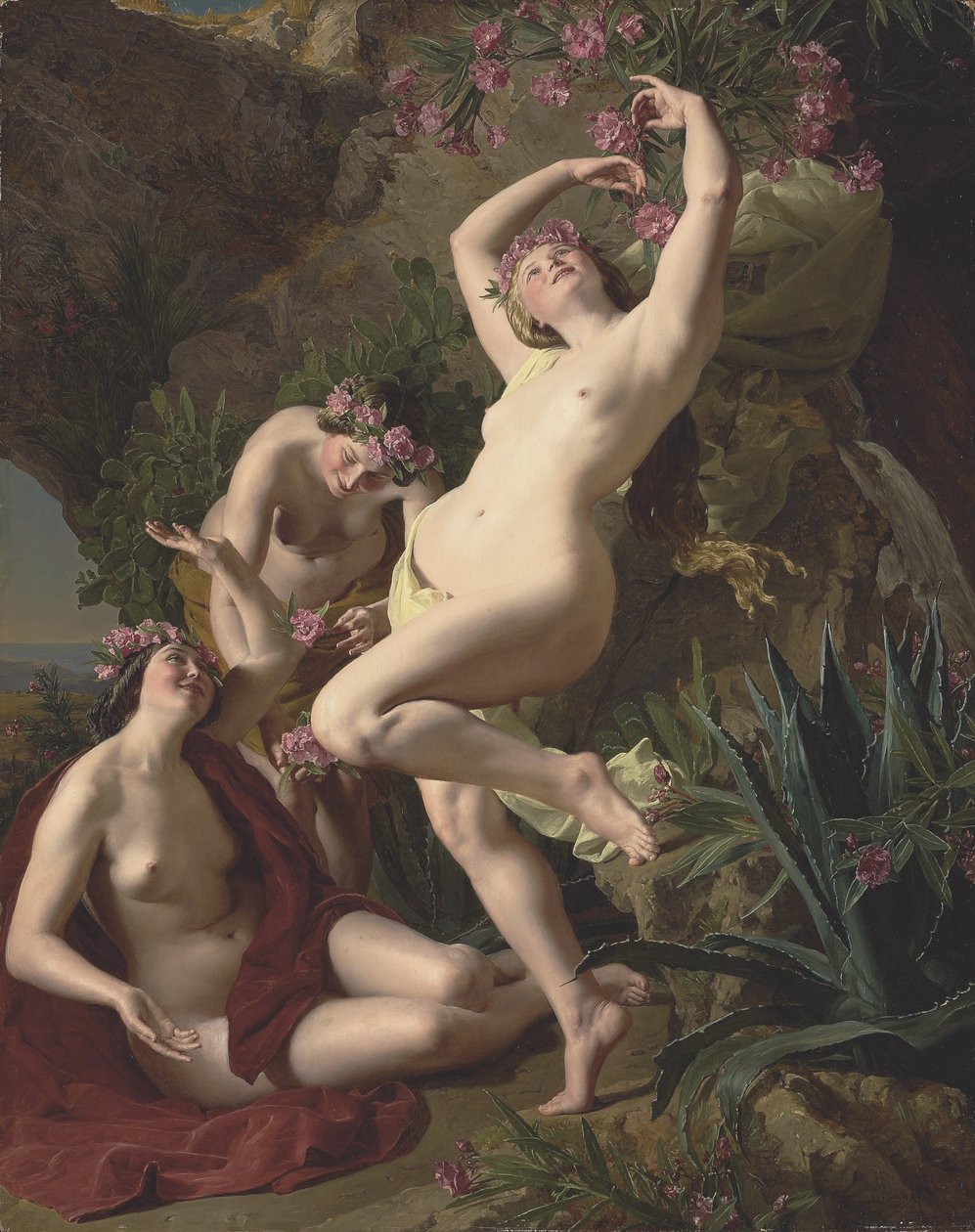 Duits: Die drei Nymphen des Homerus Drie gunsten omhangen met rozen door Ferdinand Georg Waldmuller