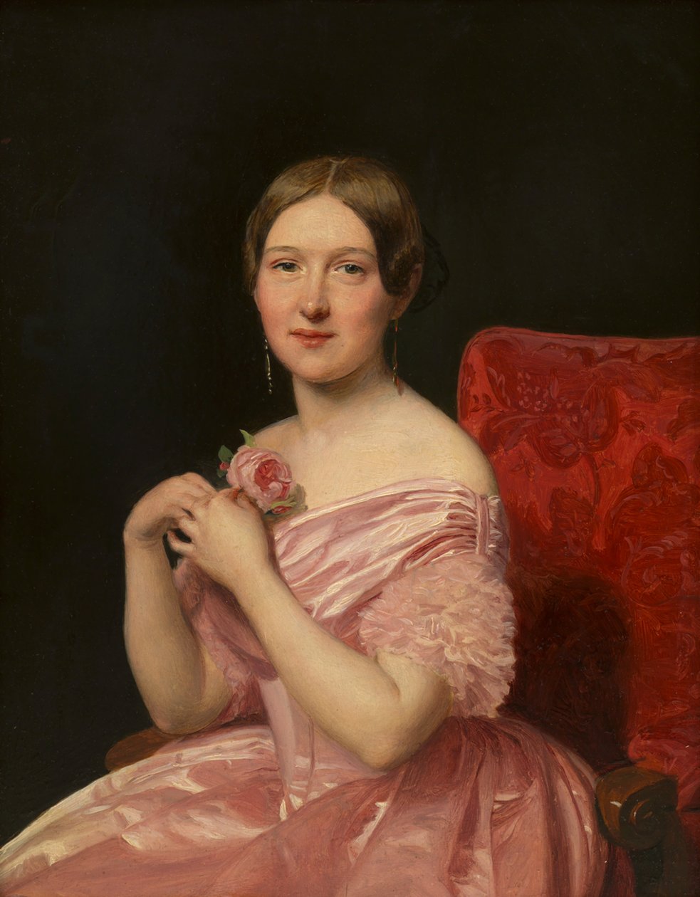 Jonge dame in een roze atlasjurk door Ferdinand Georg Waldmüller