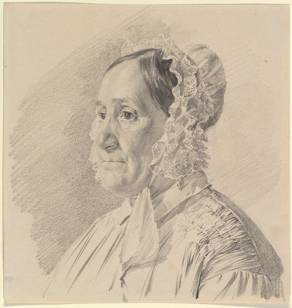 Portret van een vrouw met een kanten muts, in driekwartprofiel naar links door Ferdinand Georg Waldmüller