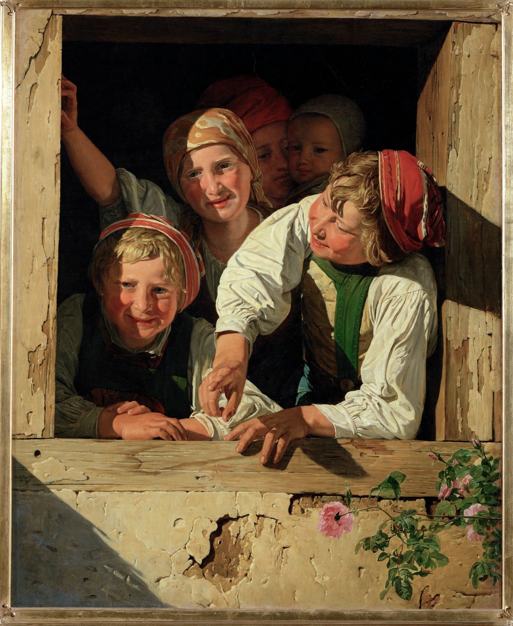 Kinderen in een raam door Ferdinand Georg Waldmuller