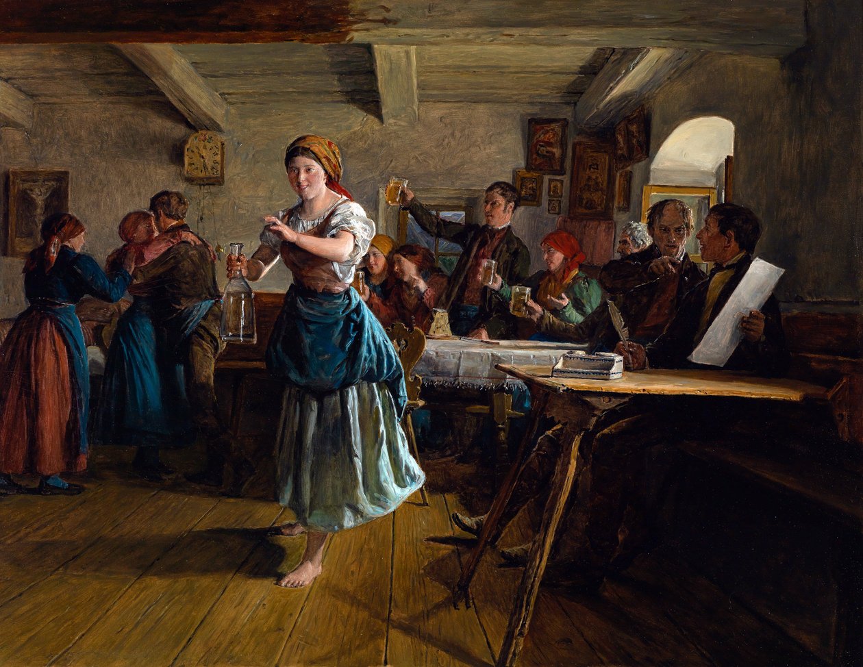 De openingsdans. Scène in een café, de serveerster, vrolijk en blootsvoets, maakt een danspas met een lege karaf in haar hand. Rondom haar proosten klanten met hun bierpul, op de gezondheid van een koppel door Ferdinand Georg Waldmuller