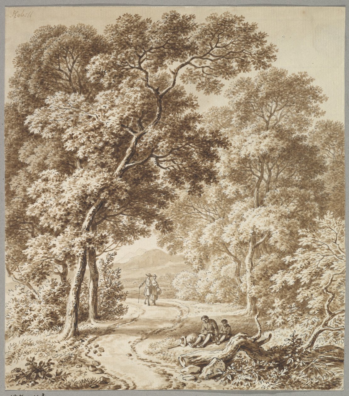 Een door bomen omzoomd pad met twee bedelaars en een wandelend paar door Ferdinand Kobell