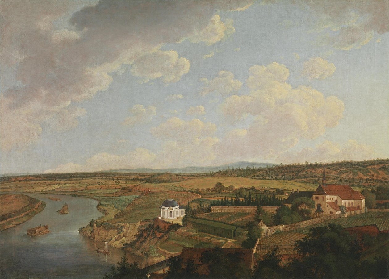 Uitzicht vanaf het slot van Aschaffenburg op de Ontbijttempel en het Kapucijnenklooster (Cyclus van Aschaffenburg) door Ferdinand Kobell