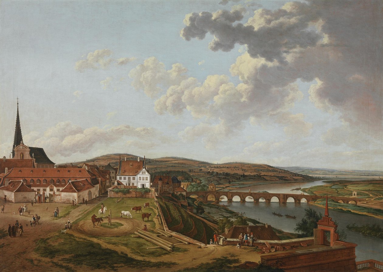 Gezicht vanaf het slot van Aschaffenburg op de Marstall en de Mainbrug (Cyclus van Aschaffenburg) door Ferdinand Kobell