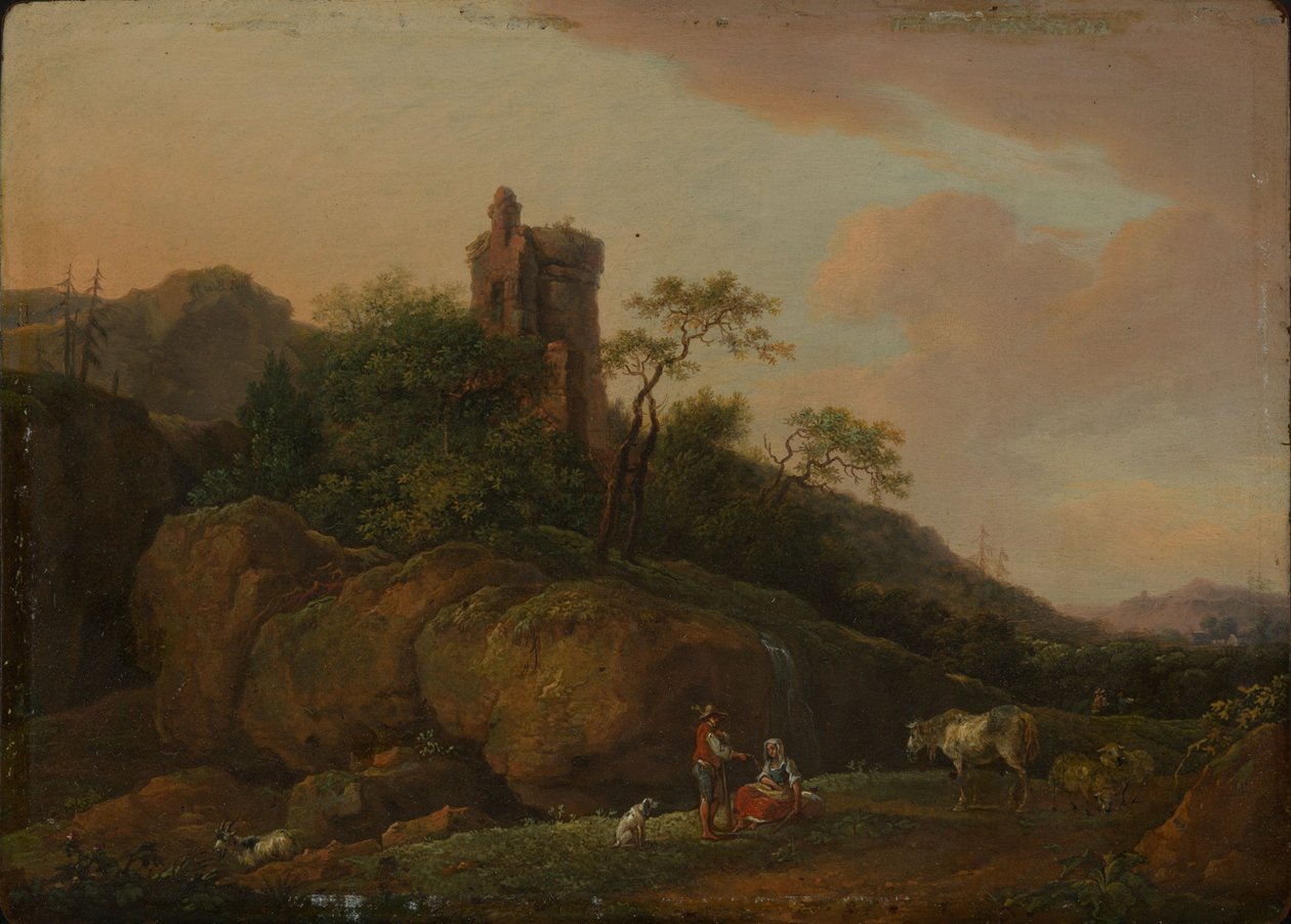 Kasteelruïne met herders en kudde door Ferdinand Kobell