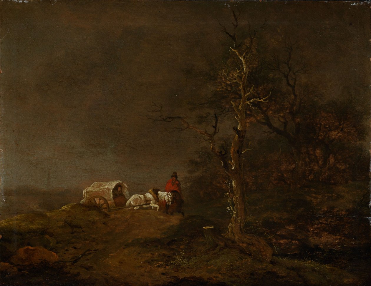 Onweerslandschap met boerenwagen door Ferdinand Kobell
