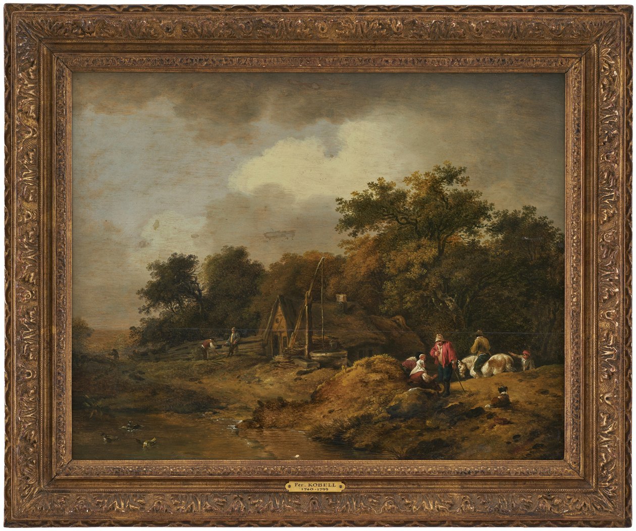 Landschap met hut en put met zwengel door Ferdinand Kobell