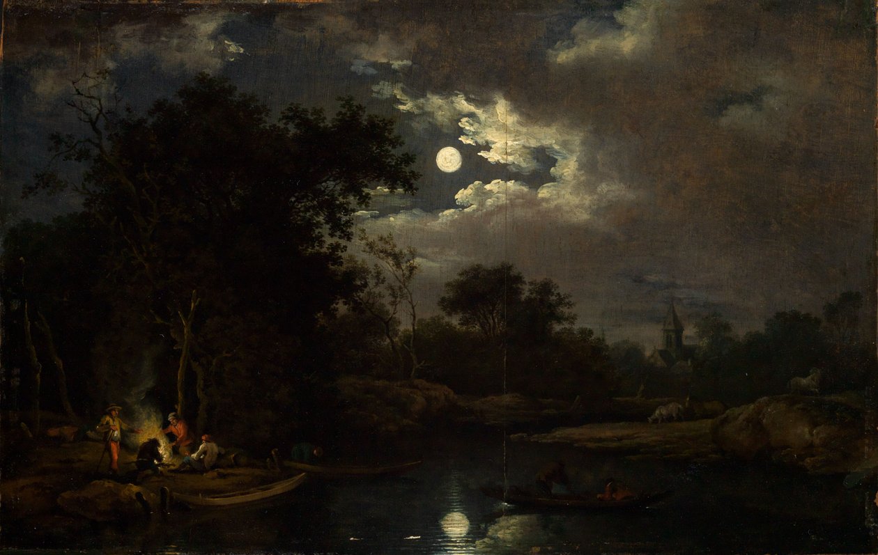 Maanverlicht landschap met vissers bij een kampvuur door Ferdinand Kobell