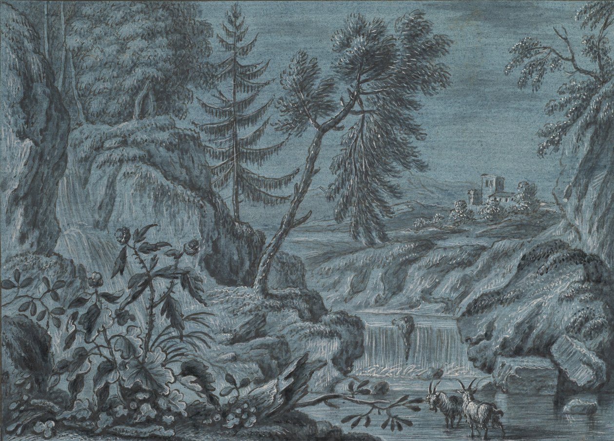 Zuidelijk landschap met een waterval en geiten, laat 18e eeuw door Ferdinand Kobell.