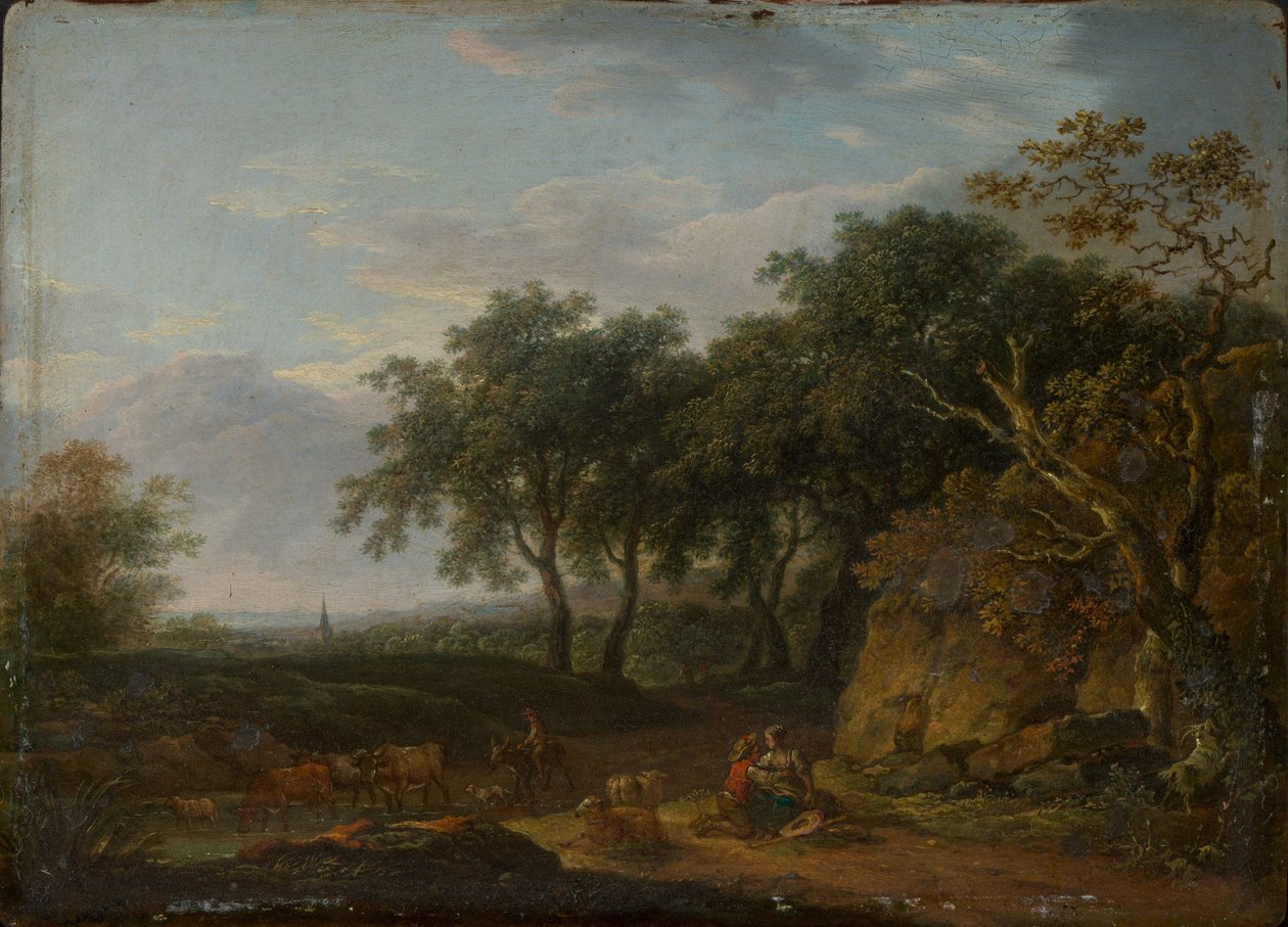 Boslandschap met herder en kudde door Ferdinand Kobell