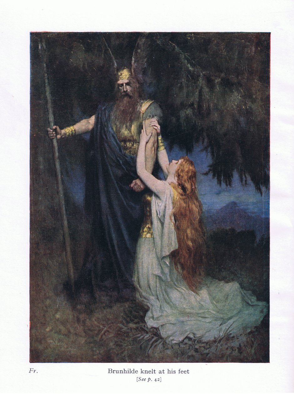 Brunhilde knielde aan zijn voeten, illustratie uit The Stories of Wagners Operas, uitgegeven door George Harrap & Co Ltd 1932 door Ferdinand Lecke