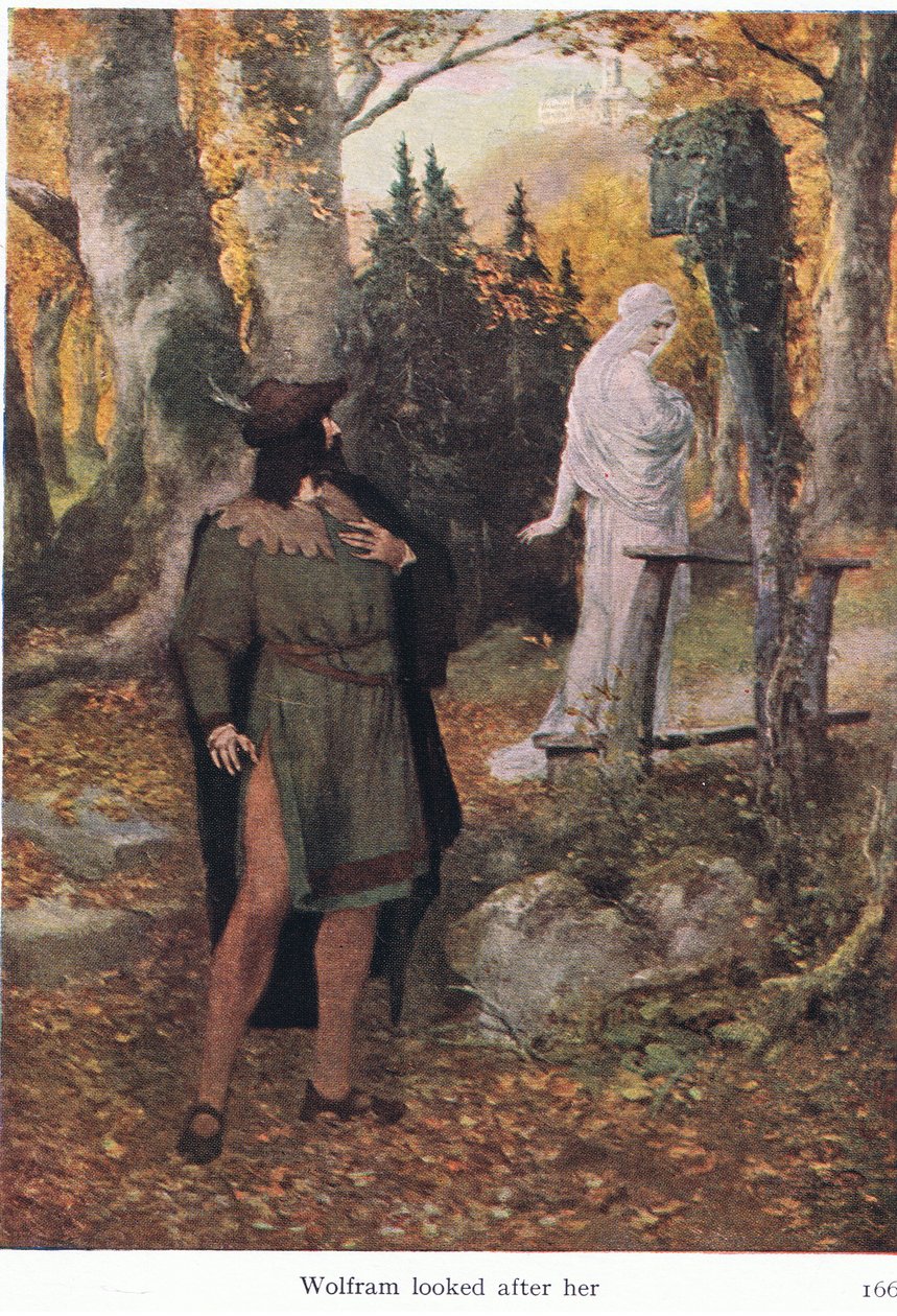 Wolfram keek haar na, illustratie uit The Stories of Wagners Operas, uitgegeven door George Harrap & Co Ltd 1932 door Ferdinand Lecke