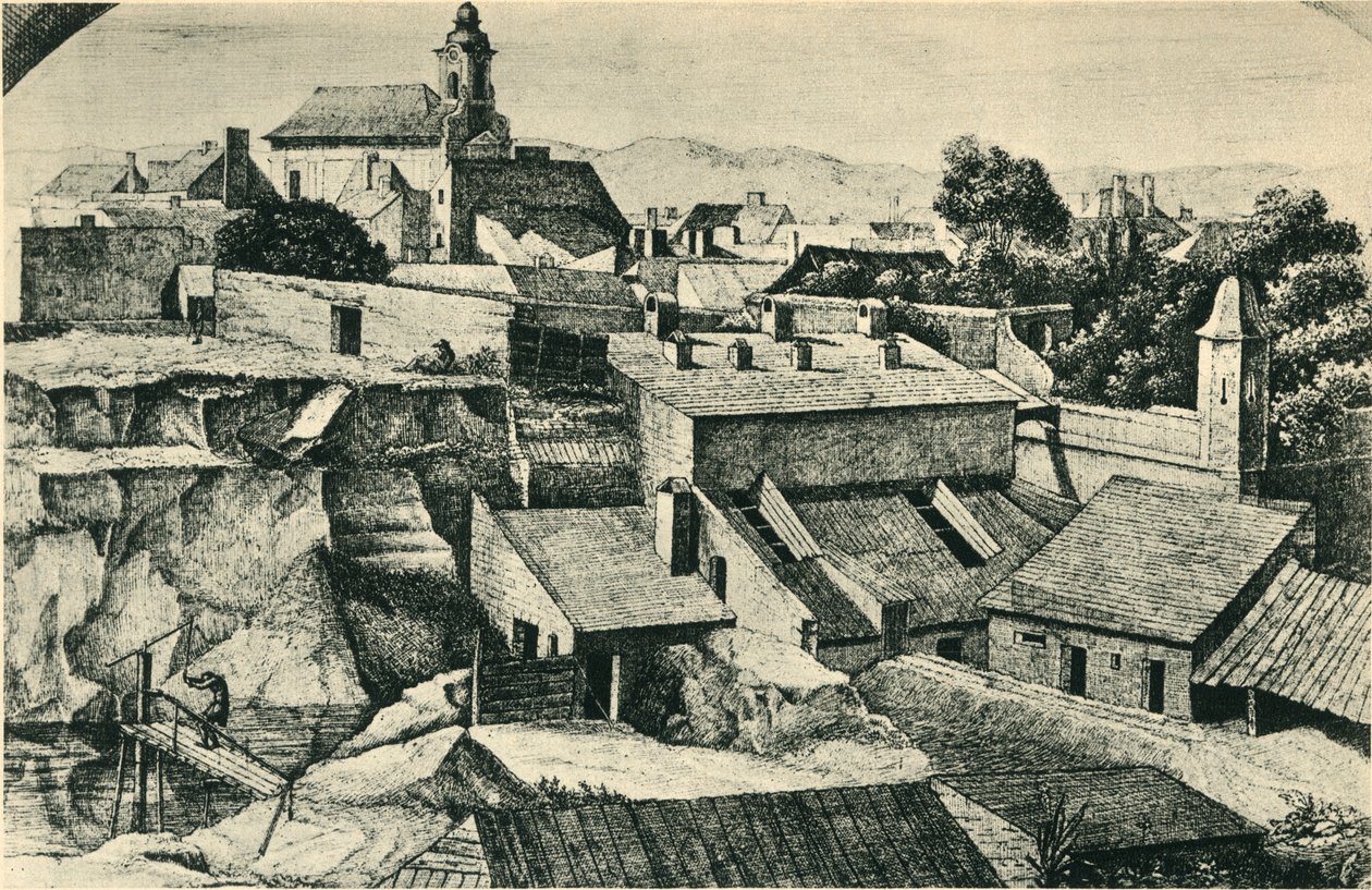Steengroeve in Alt-Matzleinsdorf, met de parochiekerk van St. Florian in Wenen door Ferdinand Olivier