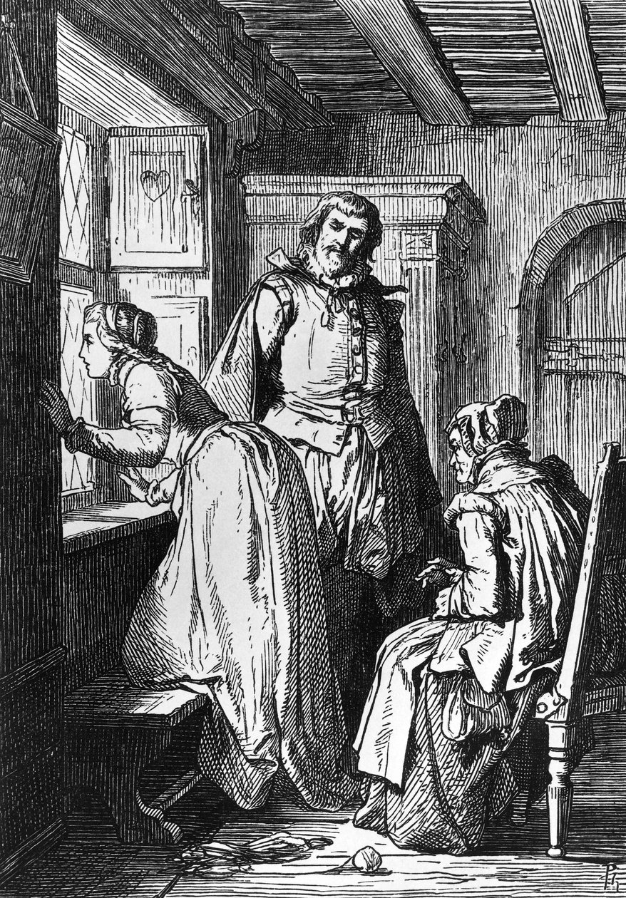 Klaerchen wacht op Egmont, illustratie voor Egmont, tragedie door Johann Wolfgang von Goethe (1749-1832), houtsnede naar tekening door Ferdinand Rothbart (1823-1899) door Ferdinand Rothbart