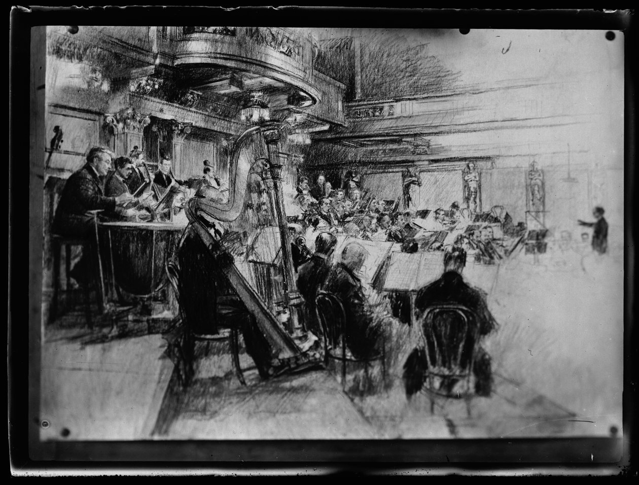 Orkestrepetitie van de Weense leden van een filharmonisch orkest door Ferdinand Schmutzer
