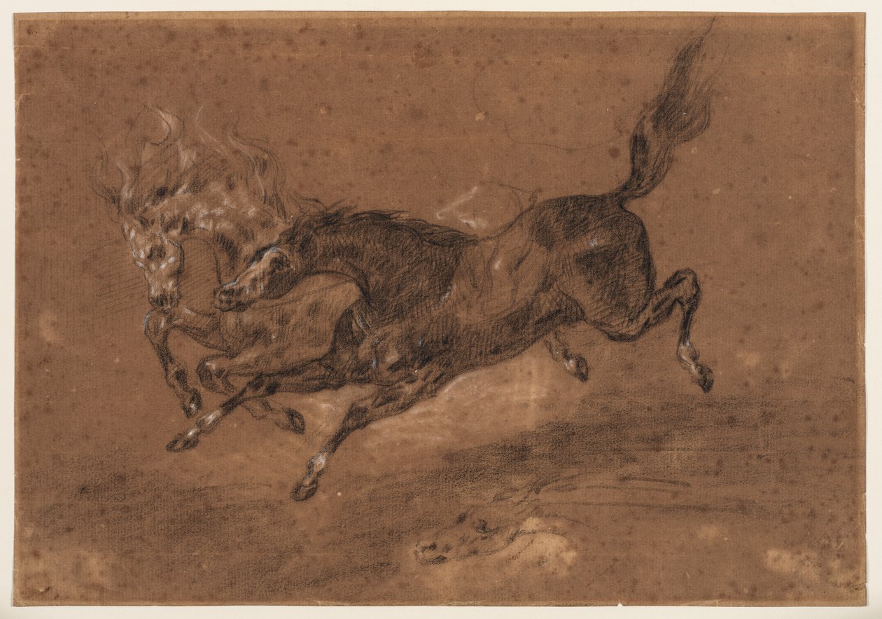 Paarden rennen (recto); Naakte bebaarde man, zittend (verso) door Ferdinand Victor Eugene (follower of) Delacroix