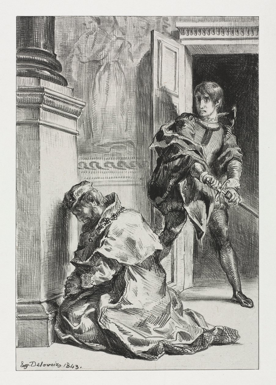 Hamlet: Hamlet probeert de koning te doden, 1843 door Ferdinand Victor Eugene Delacroix