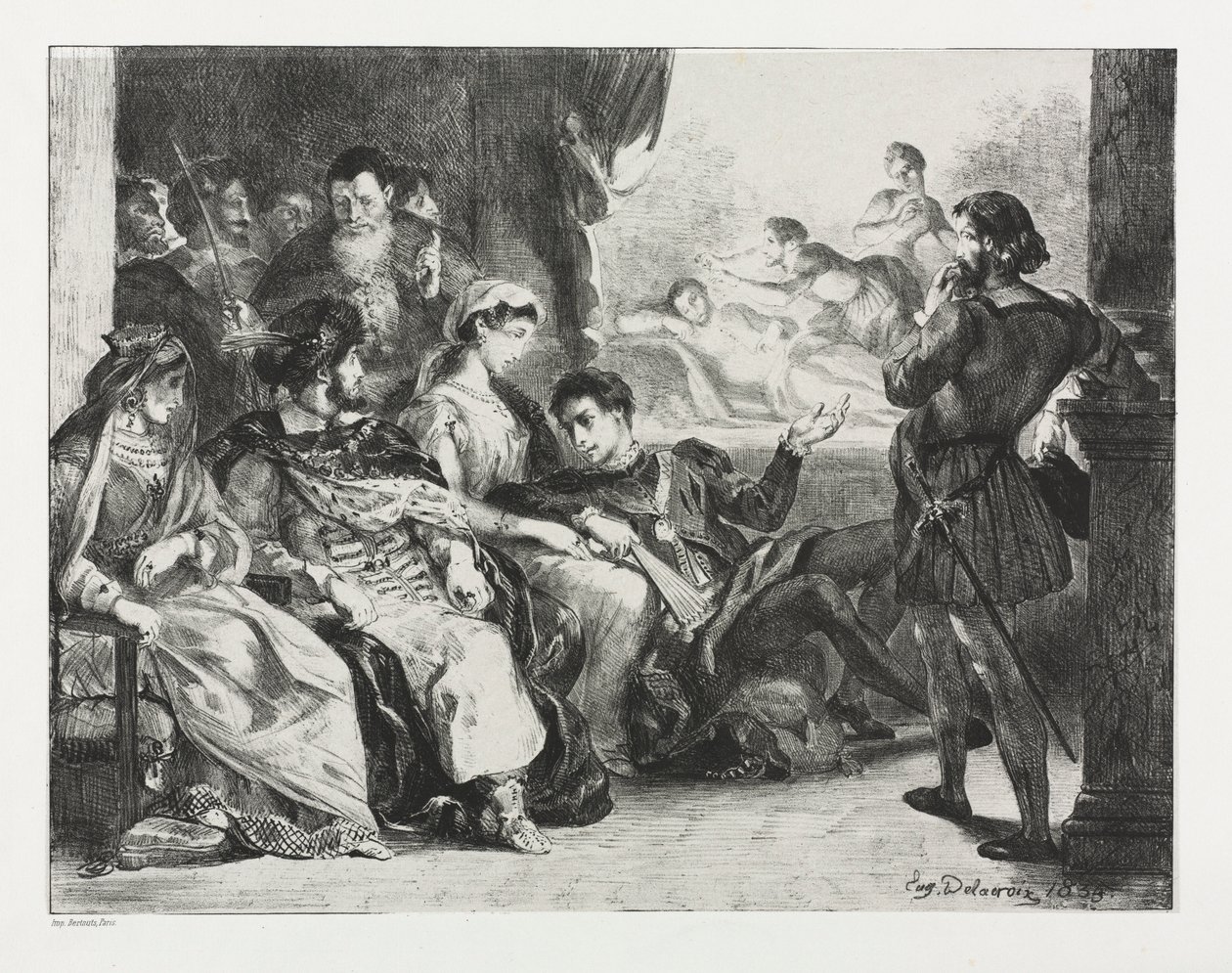 Hamlet: Hamlet beveelt de acteurs een scène uit de vergiftiging van zijn vader te spelen, 1834 door Ferdinand Victor Eugene Delacroix