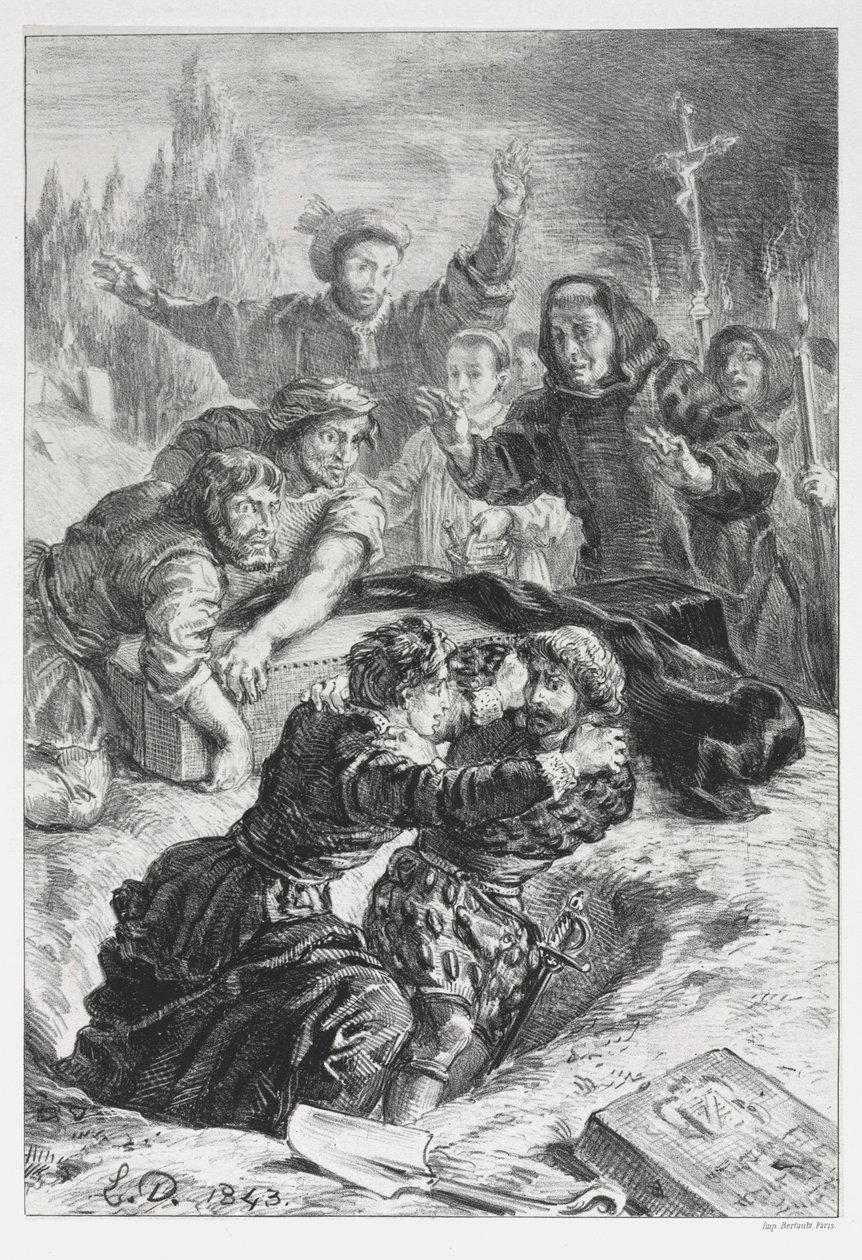 Hamlet: Hamlet en Laertes in het graf van Ophelia, 1843 door Ferdinand Victor Eugene Delacroix