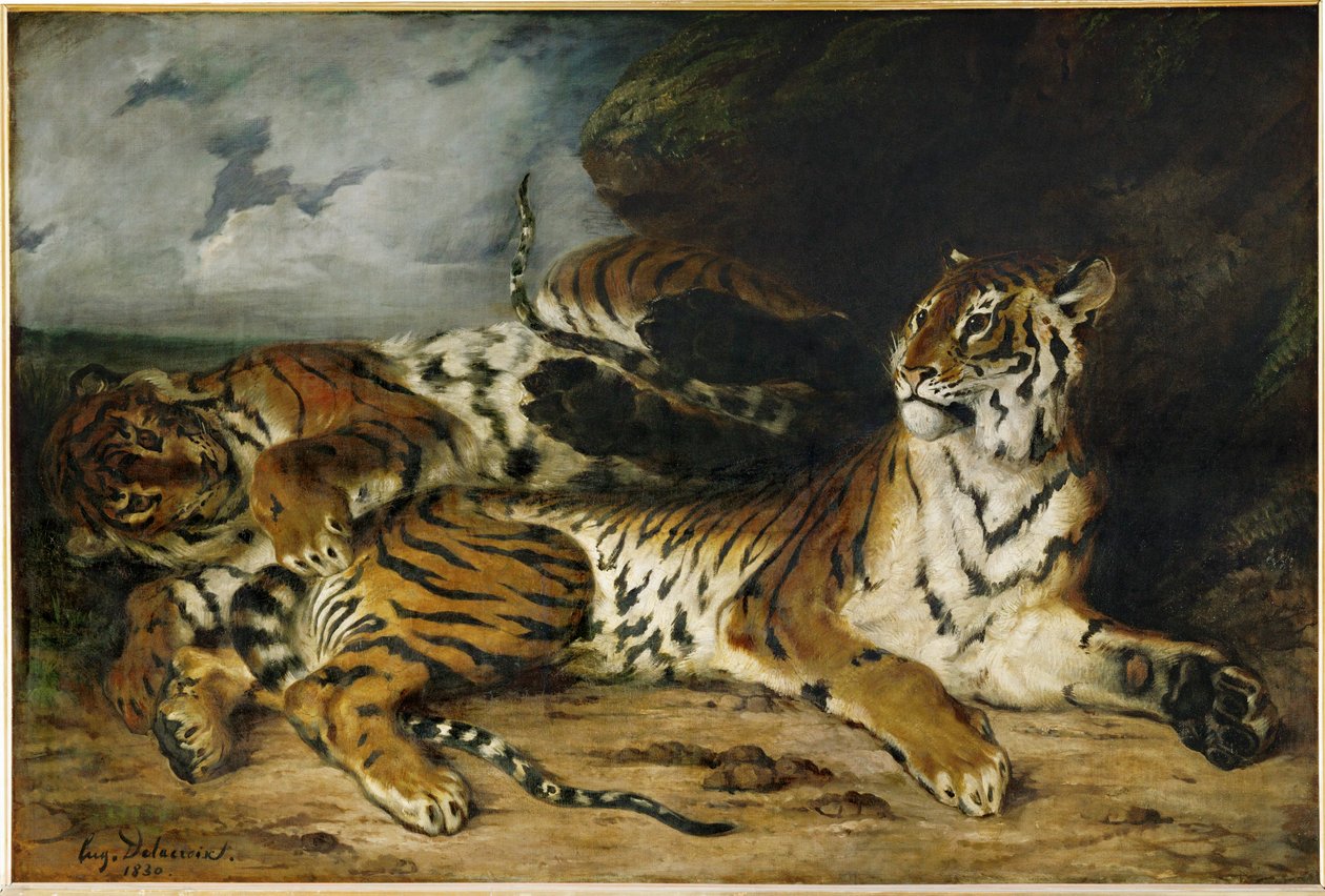 Jonge tijger speelt met zijn moeder ... door Ferdinand Victor Eugene Delacroix