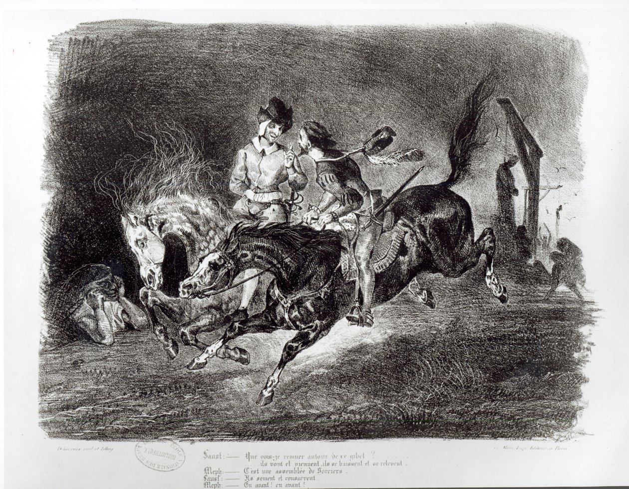 Mephistopheles en Faust rijden in de nacht, Illustratie voor Faust door Goethe, 1828 door Ferdinand Victor Eugene Delacroix
