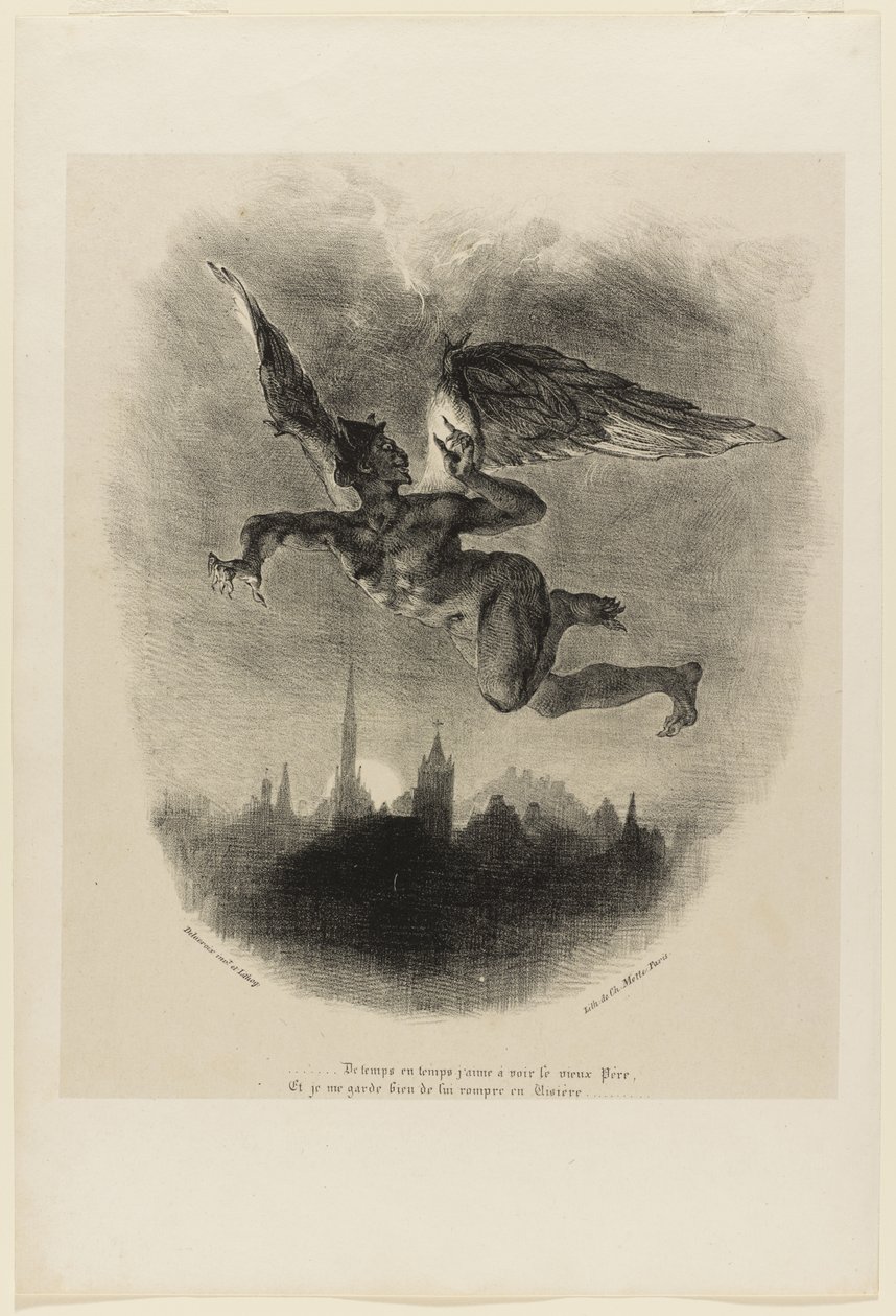 Mephistopheles in de lucht (frontispice uit Faust) door Ferdinand Victor Eugene Delacroix