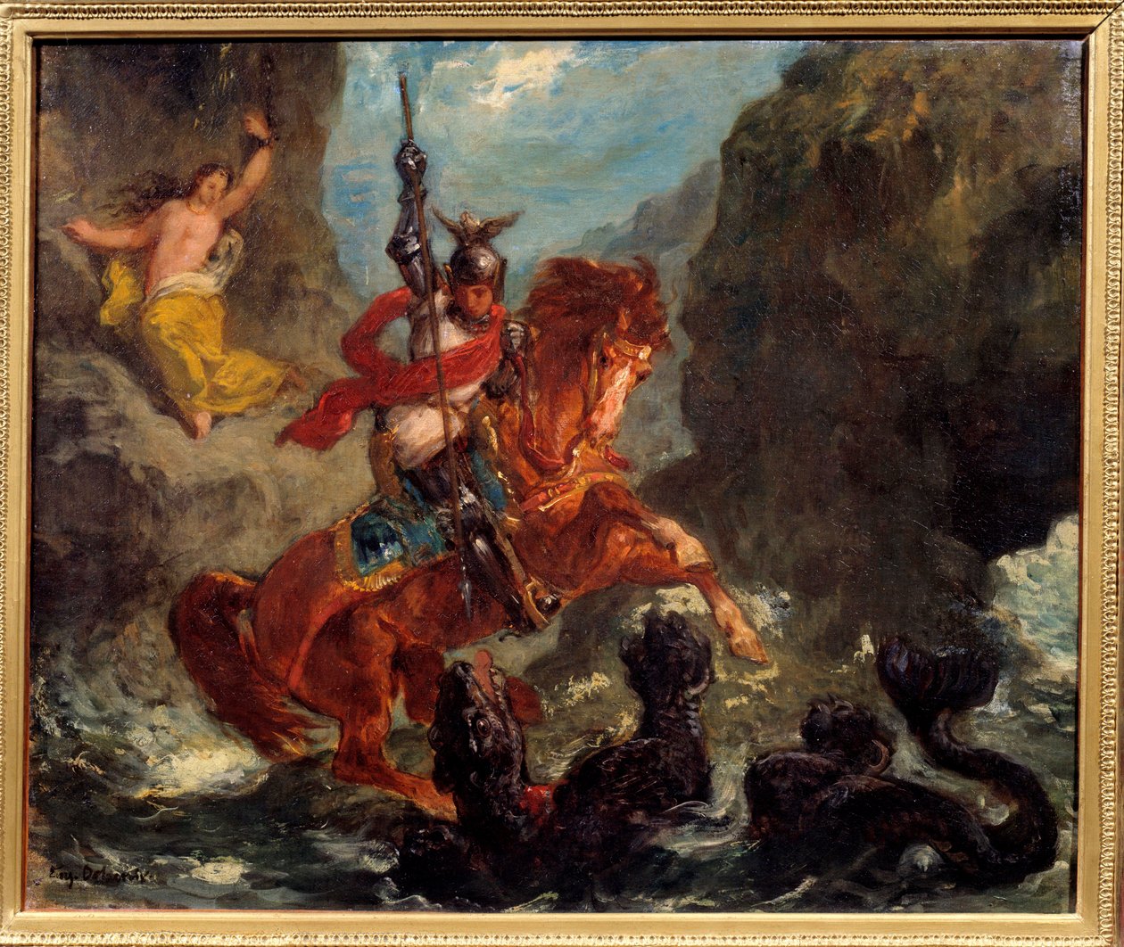 Roger bevrijdt Angelique - Illustratie voor Orlando Furioso door Ludovico Ariosto door Ferdinand Victor Eugene Delacroix