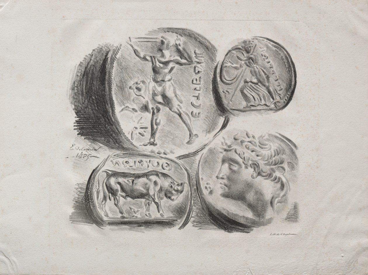 Blad met Vier Antieke Medailles, 1825 door Ferdinand Victor Eugene Delacroix