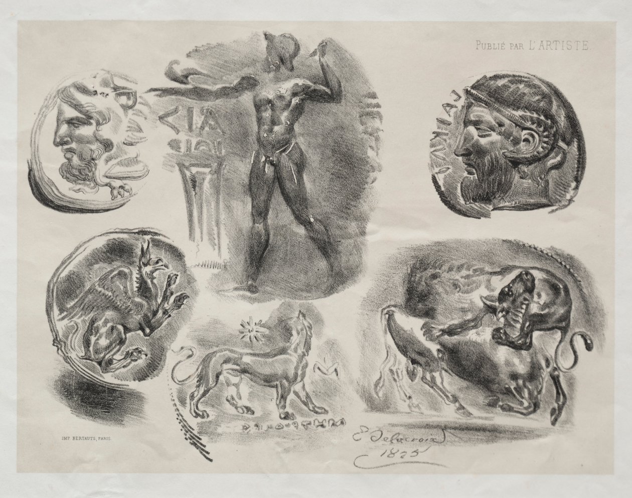 Blad met zes antieke medailles, 1825 door Ferdinand Victor Eugene Delacroix