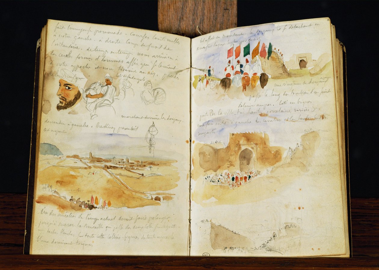 Schetsen van Arabieren, landschappen van Marokko, Arabische menigten, Poort van Meknes en handgeschreven notities ... door Ferdinand Victor Eugene Delacroix