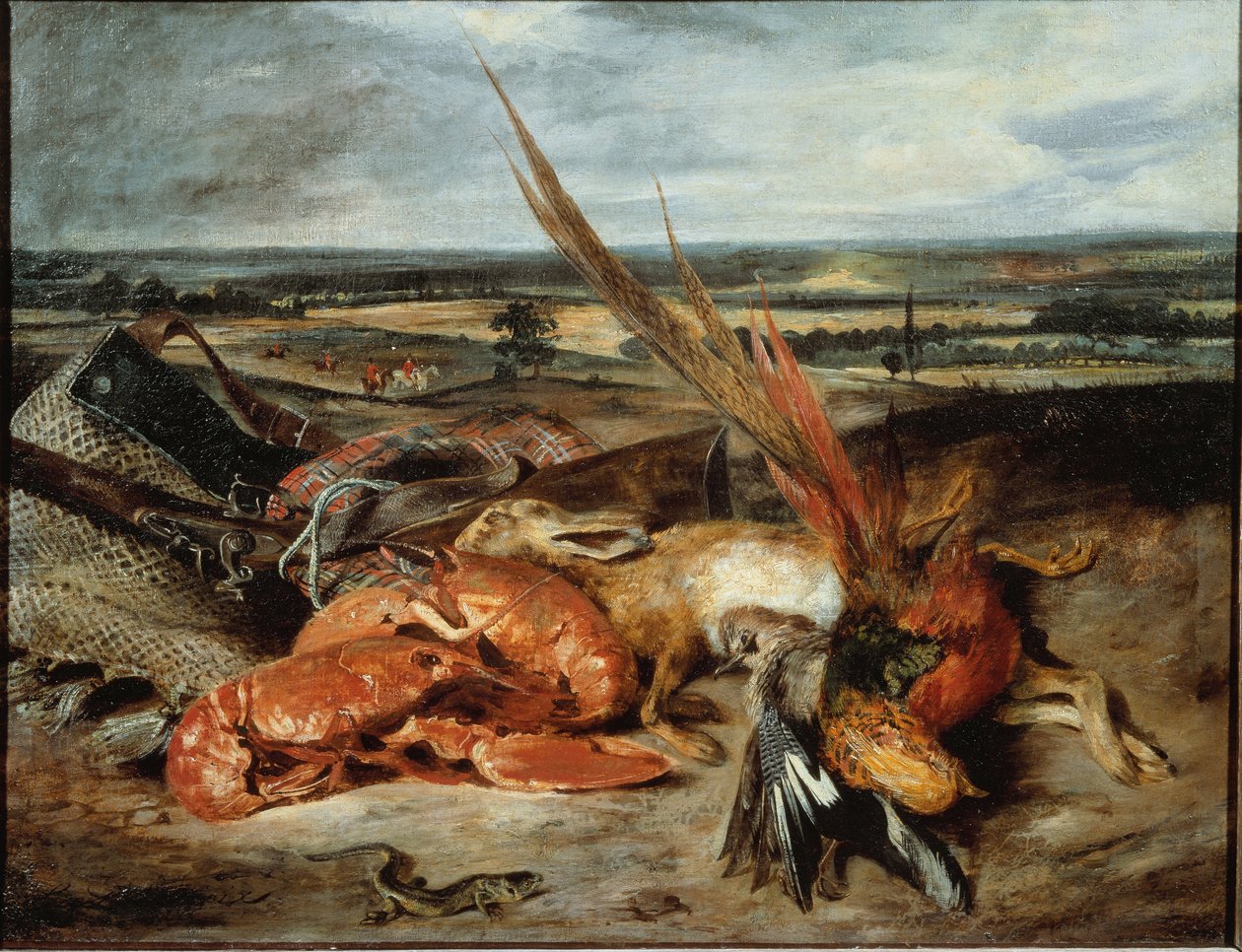 Stilleven met kreeft en trofeeën van jacht en visserij door Ferdinand Victor Eugene Delacroix