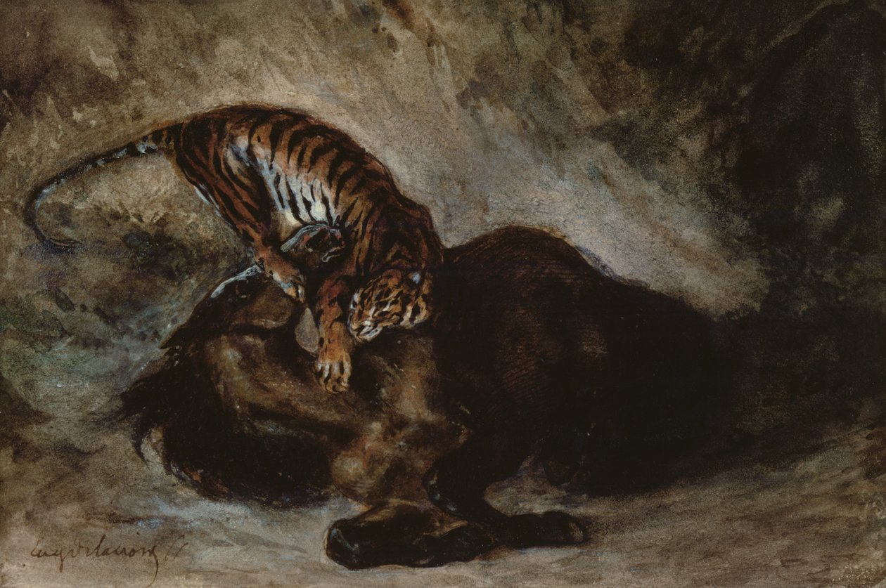 Tijger die een paard aanvalt door Ferdinand Victor Eugene Delacroix