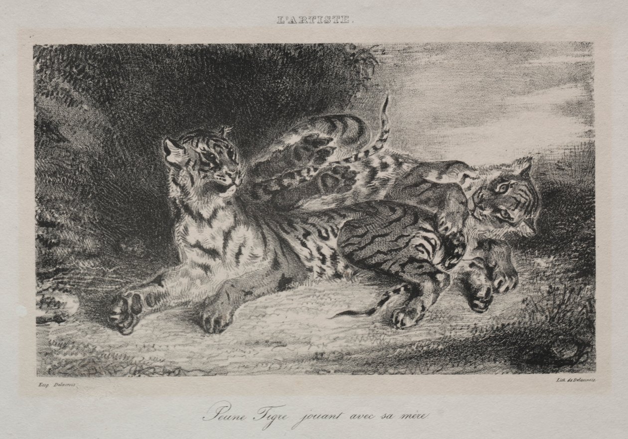 Jonge tijger die met zijn moeder speelt door Ferdinand Victor Eugene Delacroix