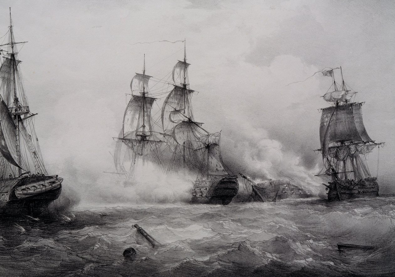 Gevecht tussen Britse en Amerikaanse derdeklas zeilschepen met 74 kanonnen, lithografie door Ferdinand Perrot door Ferdinand Victor Perrot