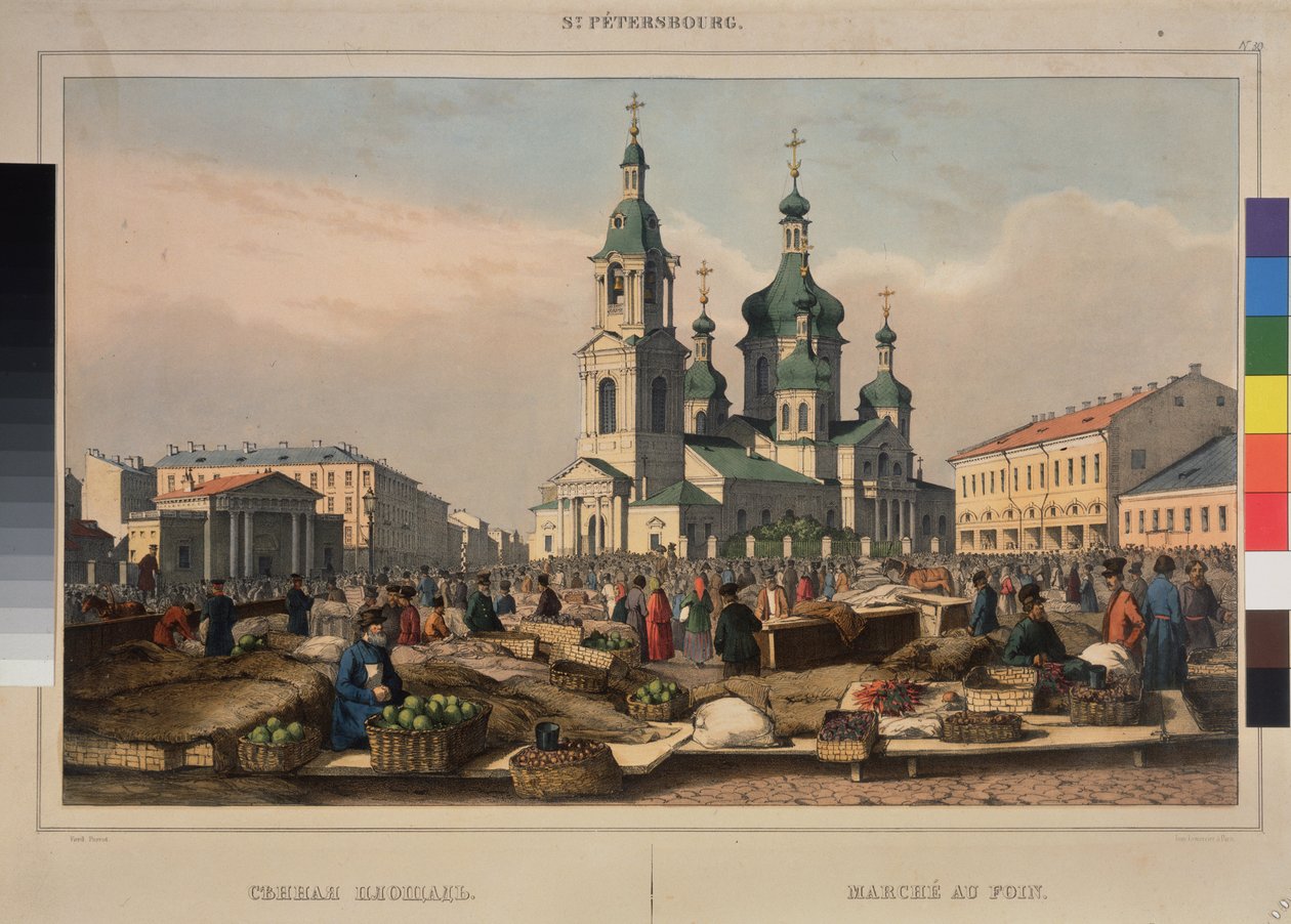 Hooi markt en de kathedraal van de Hemelvaart van de Moeder Gods in Sint-Petersburg door Ferdinand Victor Perrot