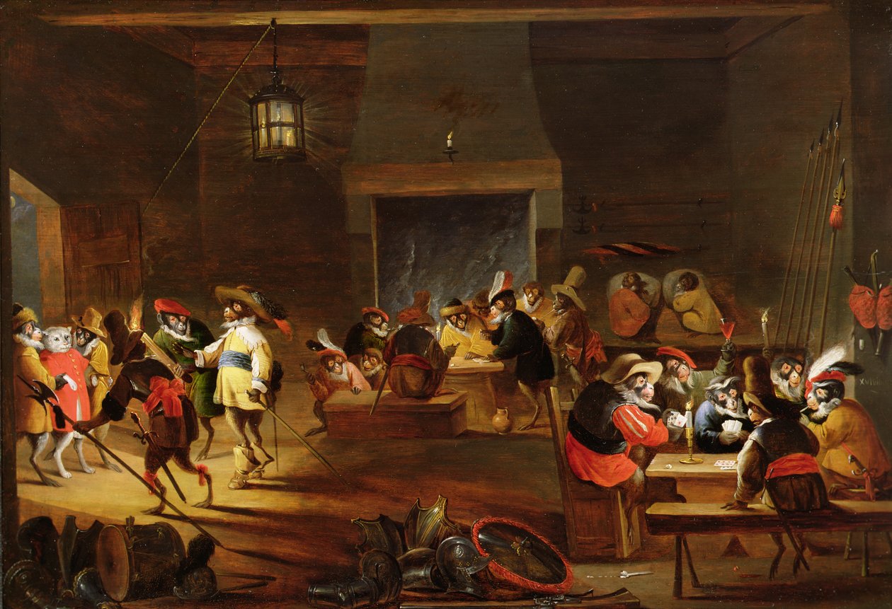 Apen in een Herberg door Ferdinand van Kessel
