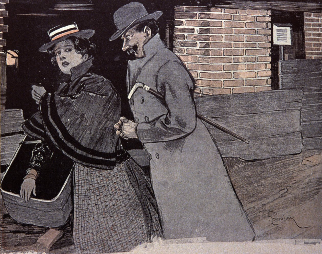 Man die een jonge vrouw lastigvalt. Illustratie door F. Von Reznicek in: Simplicissimus, Duitsland door Ferdinand von Reznicek