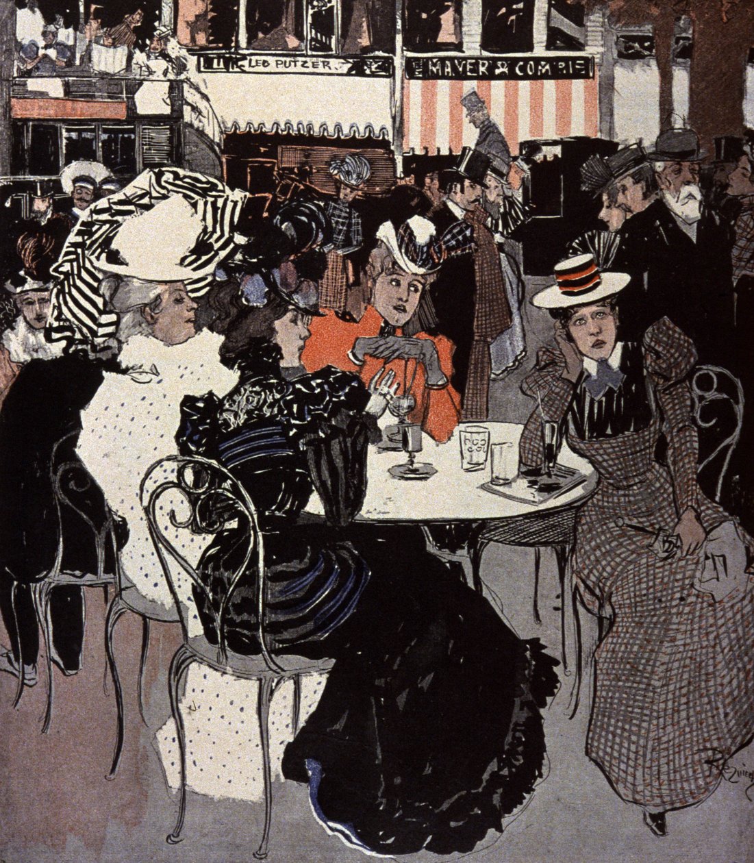 Vrouw die aan een tafel buiten een café praat. Illustratie door Von Reznicek in: Simplicissimus, Duitsland door Ferdinand von Reznicek