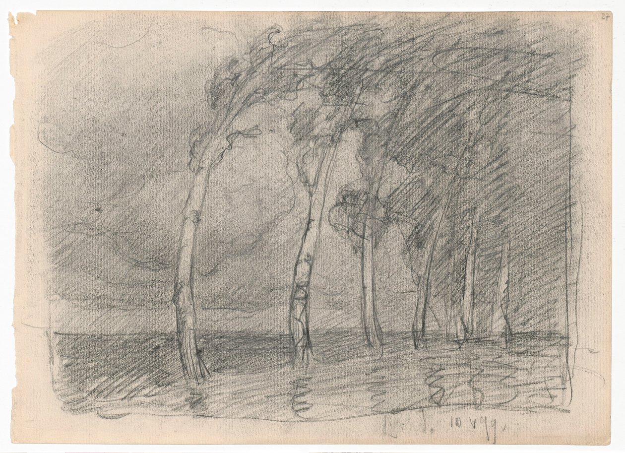 Berken tijdens een storm, studie voor het schilderij „Ballade“; achterzijde: fragment van een schets van een gebouw door Ferdynand Ruszczyc