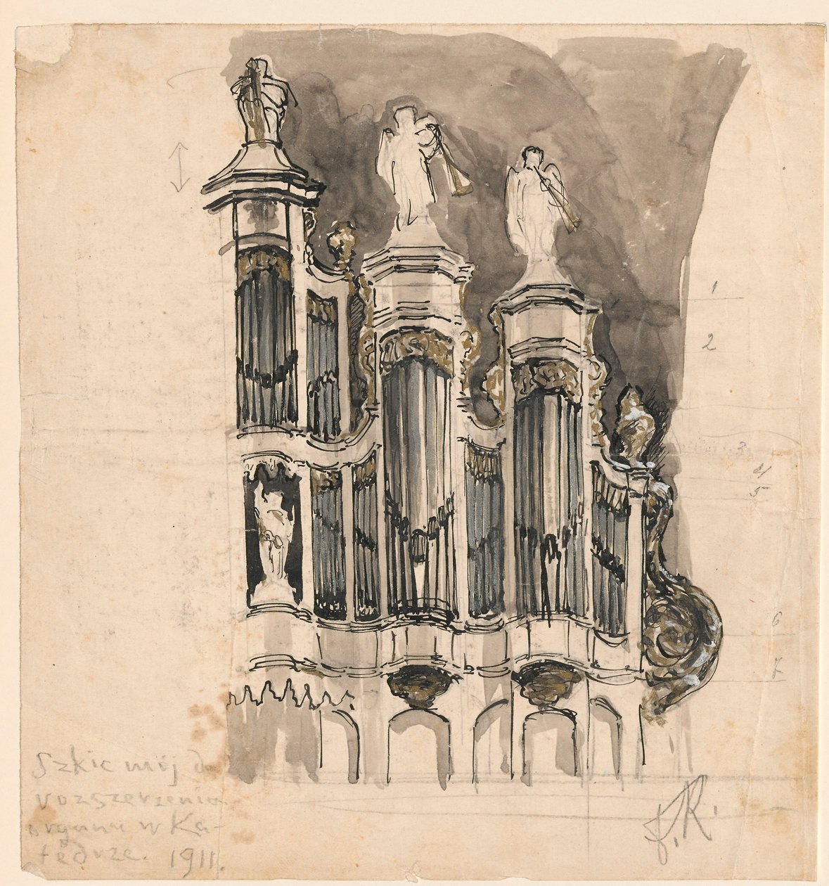 Het orgel in de kathedraal van Vilnius, fragment door Ferdynand Ruszczyc